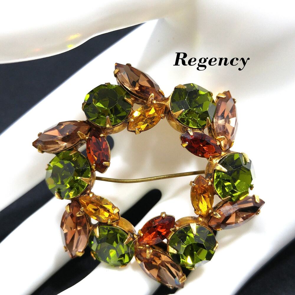 Vintage Regency Wreath Brooch, Green Topaz Citrine Crystal Rhinestones, 1950s
